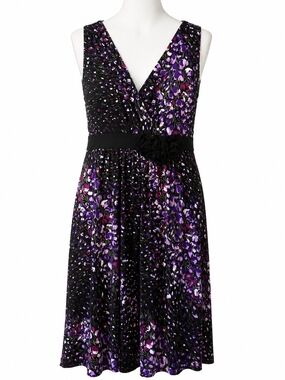 Apt. 9 Black and Purple Floral V-Neck Dress - Size Large